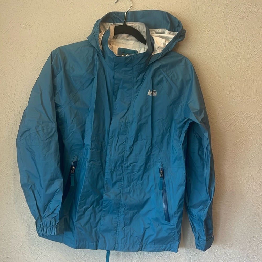 REI rain jacket. Kids Size L. Blue. Waterproof.